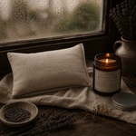 Load image into Gallery viewer, Pure essential oil Candle, lavender eye pillow, and dried lavender on a textured surface near a window with raindrops - Karsten &amp; Co. Australia
