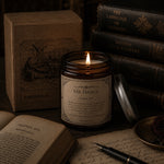 Load image into Gallery viewer, Candle in a jar labeled 'Mr. Darcy' with vintage books and a box in the background - Karsten &amp; Co. Australia

