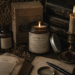 Load image into Gallery viewer, Candle labeled 'Pemberley' surrounded by books, a bottle, and other decorative items on a wooden surface - Karsten &amp; Co. Australia
