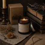 Load image into Gallery viewer, Pure essential oil organic lavender candle, surrounded by books and dried flowers on a dark surface - Karsten &amp; Co. hand poured in Australia

