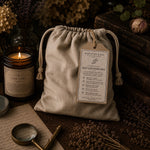 Load image into Gallery viewer, Drawstring bag with a label on a wooden surface with a candle and books in the background
