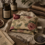 Load image into Gallery viewer, Floral-patterned pillow on a wooden surface with lavender and books in the background
