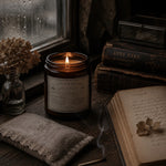 Load image into Gallery viewer, Pure essential Oil Candle lavender and Bergamot on a wooden surface next to books and a vase - Karsten &amp; Co.
