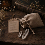 Load image into Gallery viewer, Small bag with crystals and a tag on a wooden surface with a candle and dried flowers _ karsten &amp; Co.
