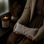 Load image into Gallery viewer, Organic lavender linen Eye pillow - handmade in Australia - with a lit candle and dried plants - Karsten &amp; Co.
