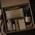 Load image into Gallery viewer, Gift set with Linen Eye Pillow, Organic Lavender sachet, lavender roll on and lavender room mist in a box - Handmade in Australia - Apothecary Karsten &amp; Co.

