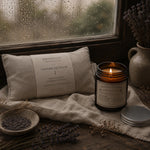 Load image into Gallery viewer, Candle and lavender eye pillow on a table with a window in the background
