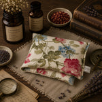 Load image into Gallery viewer, Floral heat pillow on a wooden surface with herbs and books
