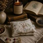Load image into Gallery viewer, Decorative heat pillow with rabbit design on a table with candles, books, and dried flowers.
