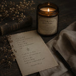 Load image into Gallery viewer, Cosy Jane Eyre Candle, with a piece of paper and pen on a wooden surface - hand poured in Australia - Karsten &amp; Co.
